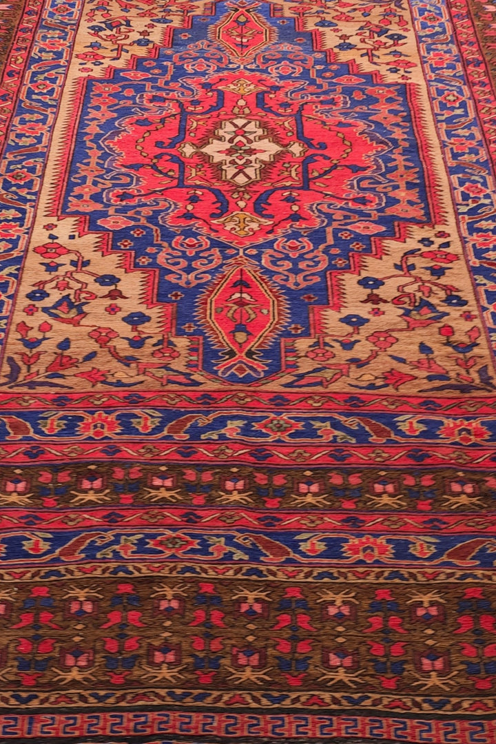 Scarlet and Cobalt Medallion Kilim, Hand-Woven Wool
