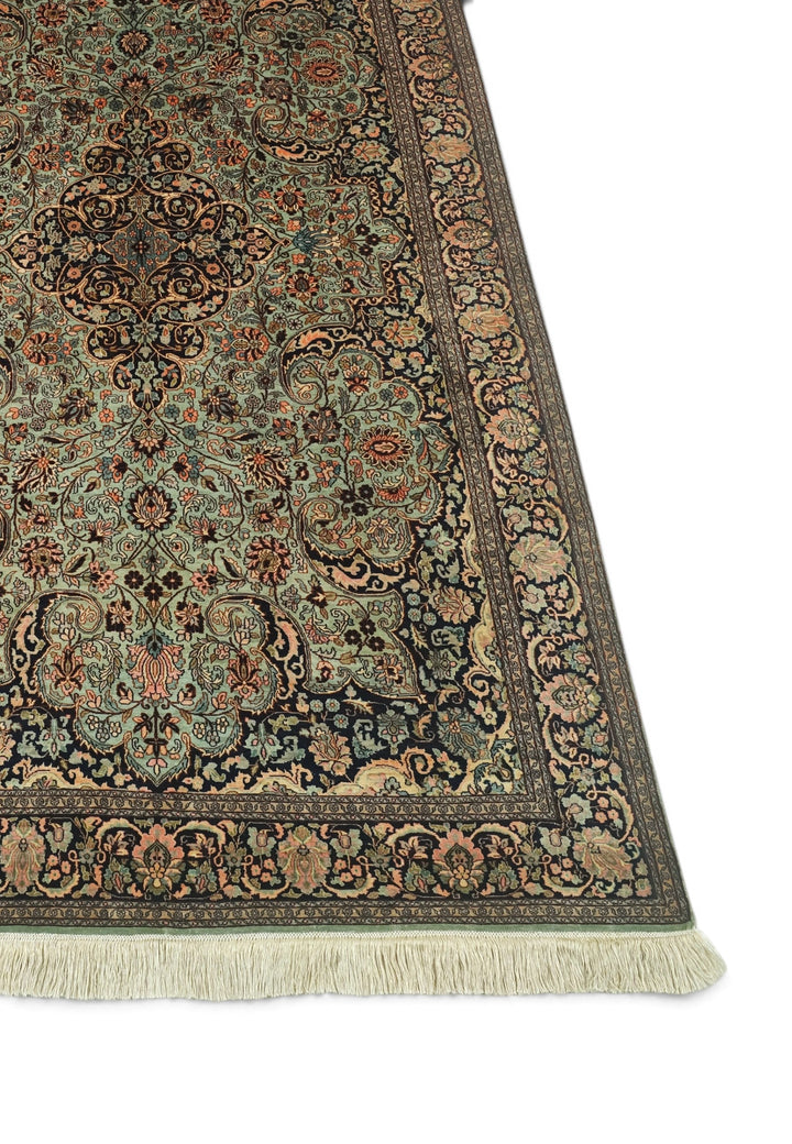 Sage Green and Black Arabesque Medallion, Hand-Knotted Silk Rug