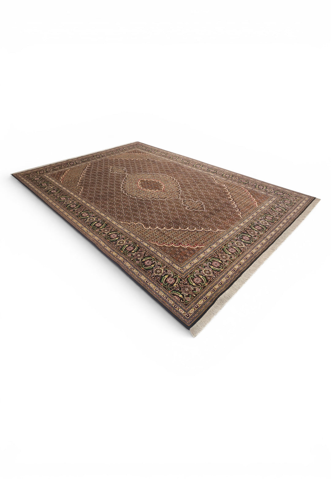 Brown Mahi Medallion Persian Tabriz, Hand-Knotted Wool Rug