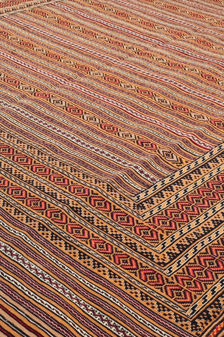 Terracotta and Apricot Banded Kilim, Hand-Woven Wool