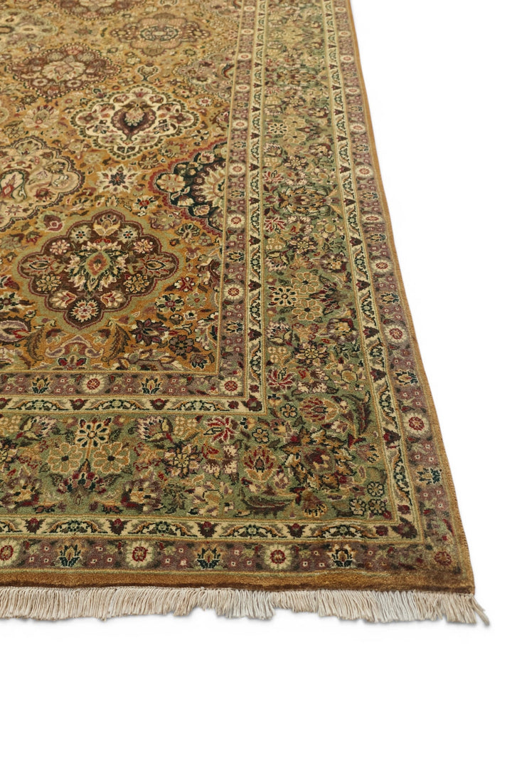 Gold and Sage Repeating Floral, Hand-Knotted Wool Rug