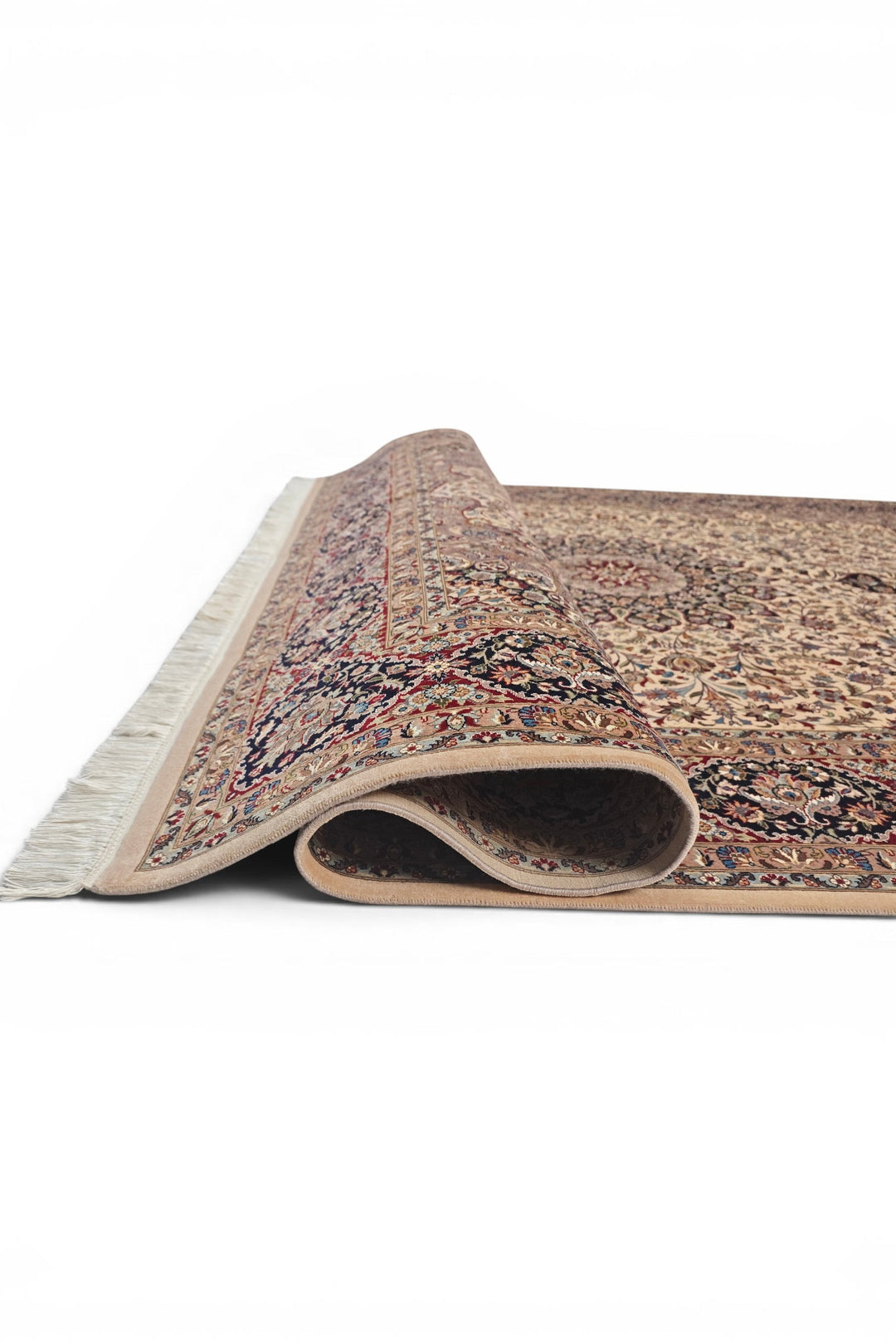 Ivory and Navy Floral Medallion, Hand-Knotted Wool and Silk Rug