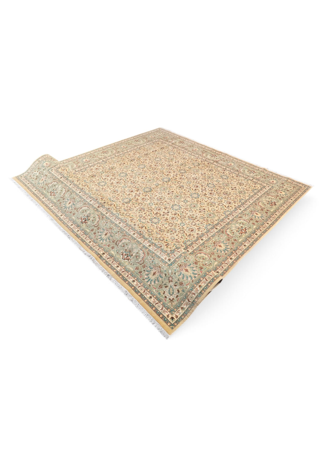 Wheat and Sage Hereke Floral, Hand-Knotted Wool Rug