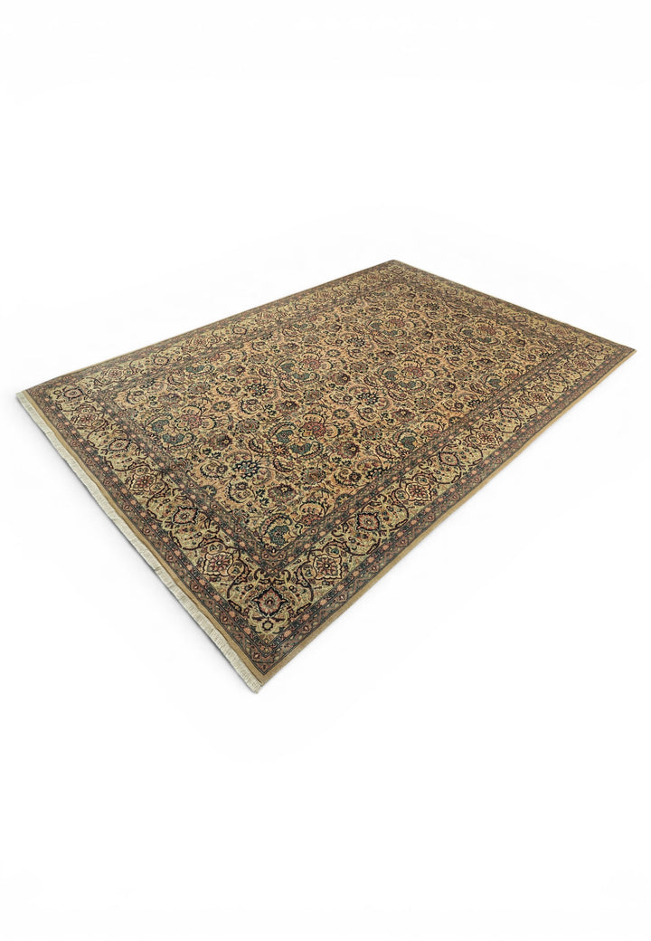 Gold and Teal Floral Vine, Hand-Knotted Wool Rug
