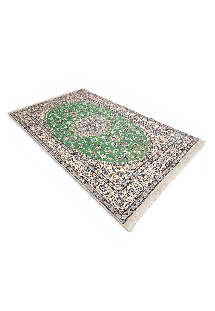 Pistachio-Green Medallion Persian Nain, Hand-Knotted Wool Rug