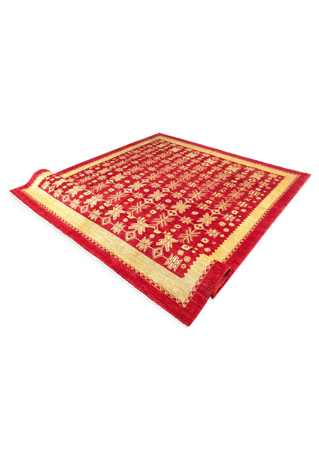Bright Red and Wheat Gold Lattice Ghazni, Hand-Knotted Wool Rug