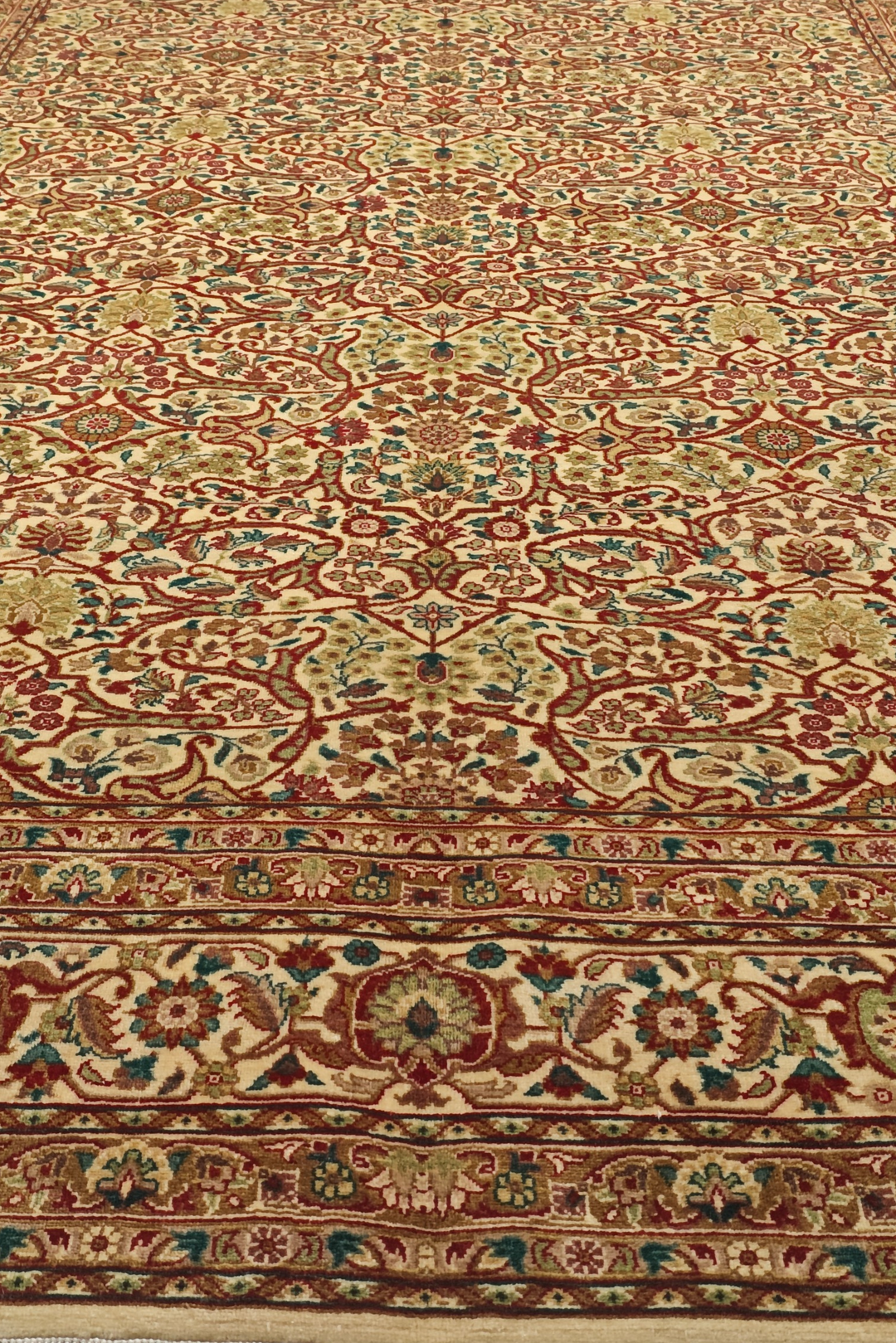 Cream and Red Floral Lattice, Hand-Knotted Wool Rug
