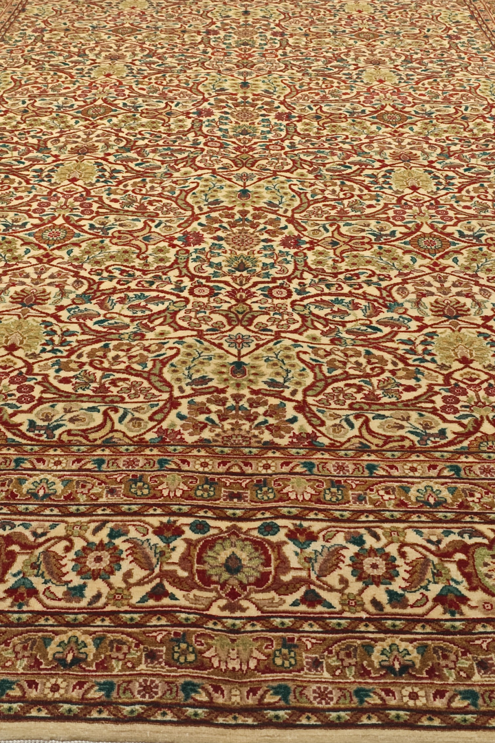 Cream and Red Floral Lattice, Hand-Knotted Wool Rug
