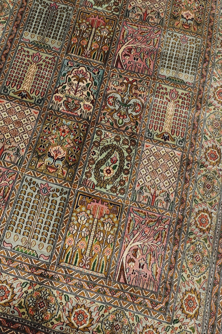Sage and Rose Khesti Garden Panel, Hand-Knotted Silk Rug