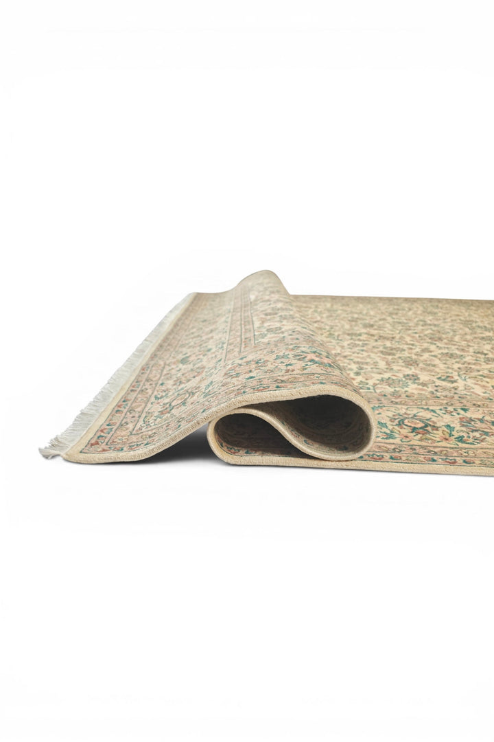 Cream and Green Floral Vine, Hand-Knotted Pakistani Wool Rug