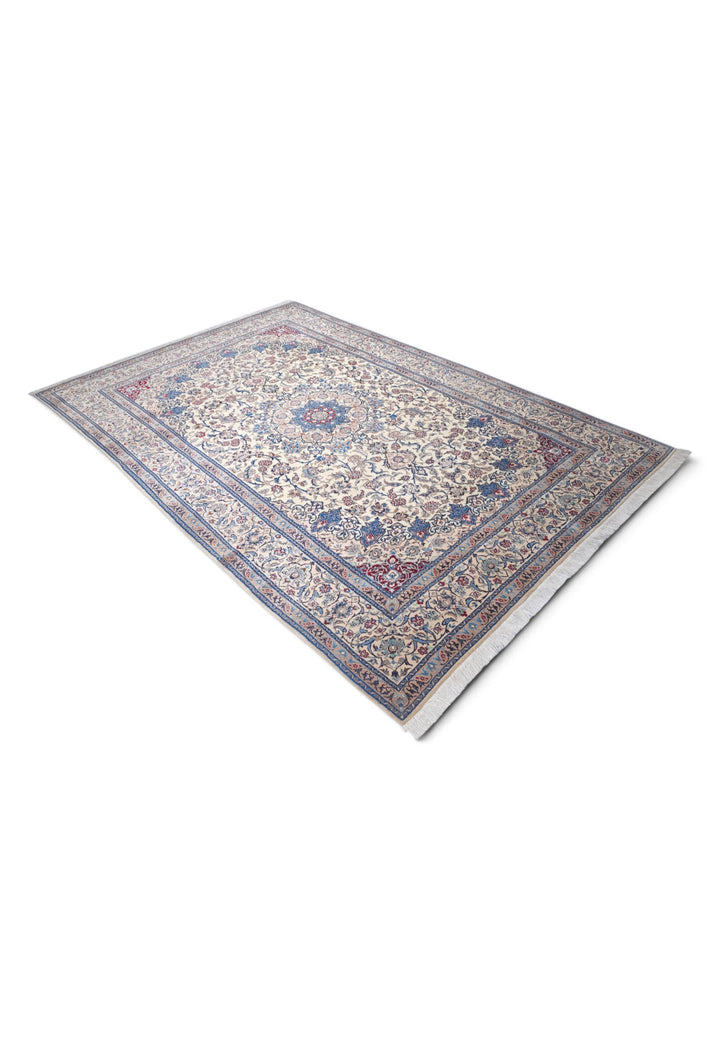 Ivory and Blue Star Medallion Nain, Hand-Knotted Wool Rug