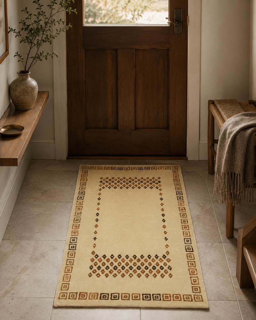 Ivory Diamond Loribaf, Hand-Knotted Indian Wool Rug