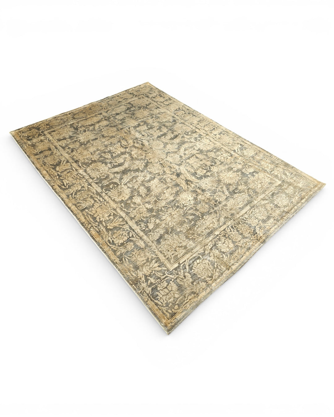 Charcoal &amp; Gold Floral Ghazni, Hand-Knotted Afghan Wool &amp; Silk Rug