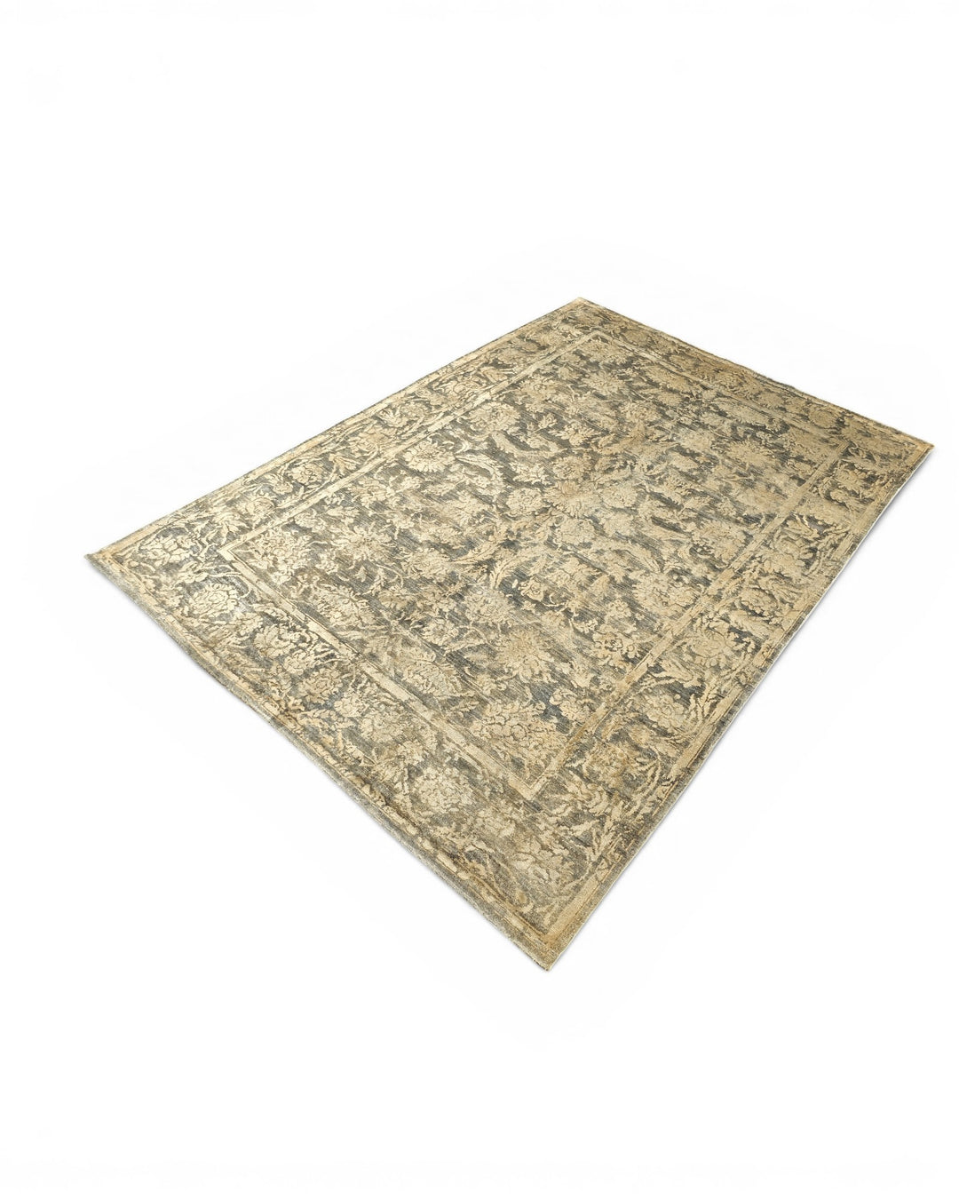 Charcoal &amp; Gold Floral Ghazni, Hand-Knotted Afghan Wool &amp; Silk Rug