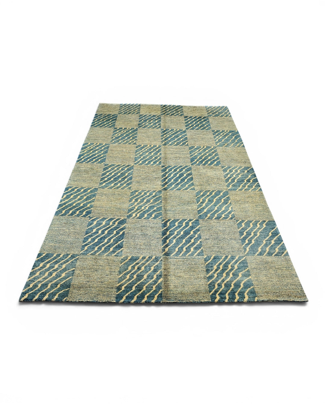Blue &amp; Cream Checkerboard Ghazni, Hand-Knotted Afghan Wool Rug