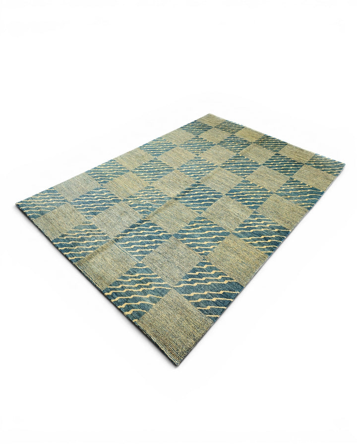 Blue &amp; Cream Checkerboard Ghazni, Hand-Knotted Afghan Wool Rug