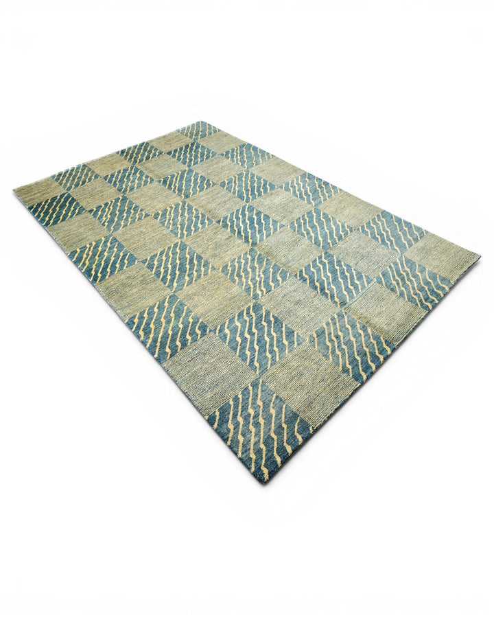 Blue &amp; Cream Checkerboard Ghazni, Hand-Knotted Afghan Wool Rug