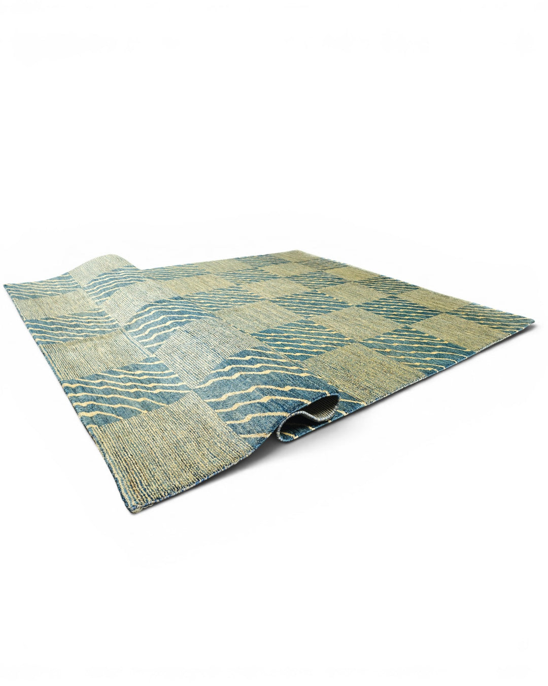 Blue &amp; Cream Checkerboard Ghazni, Hand-Knotted Afghan Wool Rug