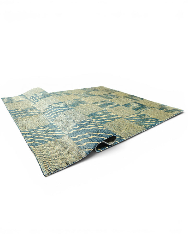 Blue &amp; Cream Checkerboard Ghazni, Hand-Knotted Afghan Wool Rug