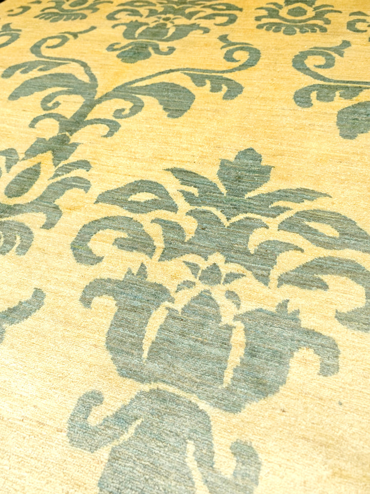 Ivory &amp; Sage Damask Ghazni, Hand-Knotted Afghan Wool Rug