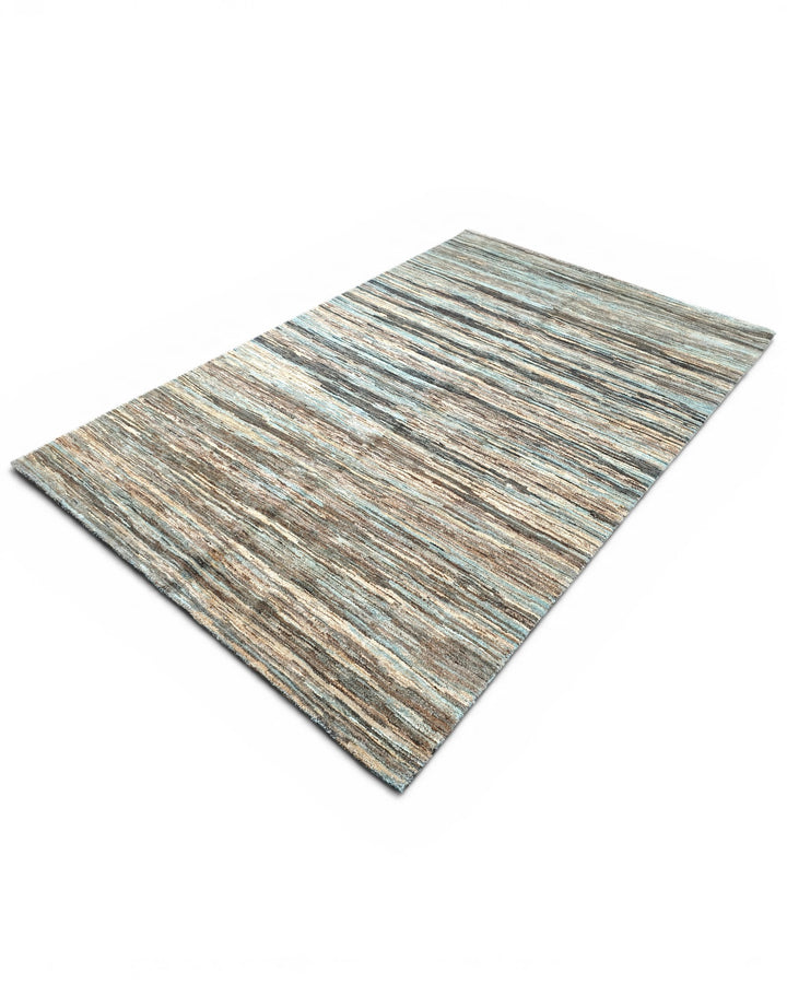 Variegated Teal &amp; Brown Stripe Ghazni, Hand-Knotted Afghan Wool Rug