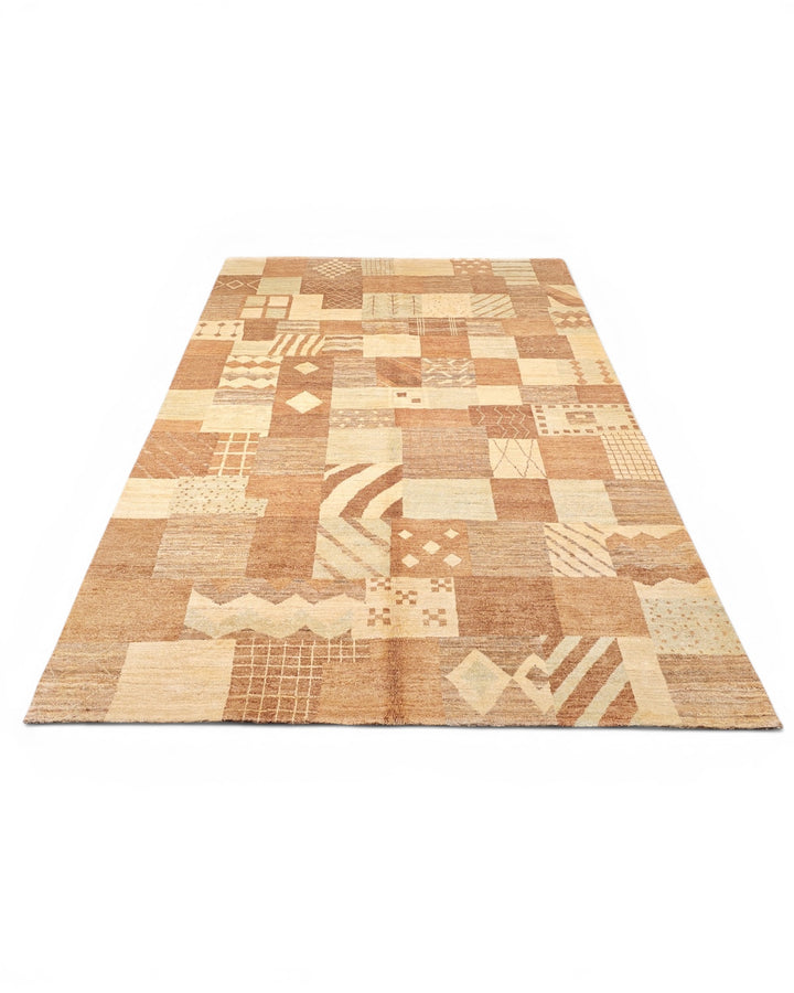 Earth-Tone Patchwork Ghazni, Hand-Knotted Afghan Wool Rug