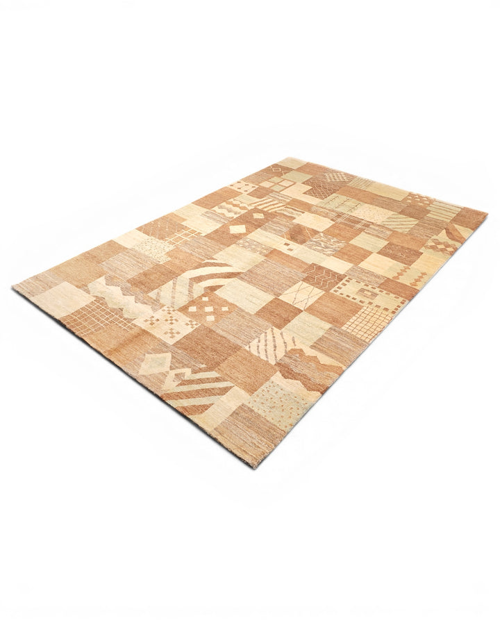 Earth-Tone Patchwork Ghazni, Hand-Knotted Afghan Wool Rug