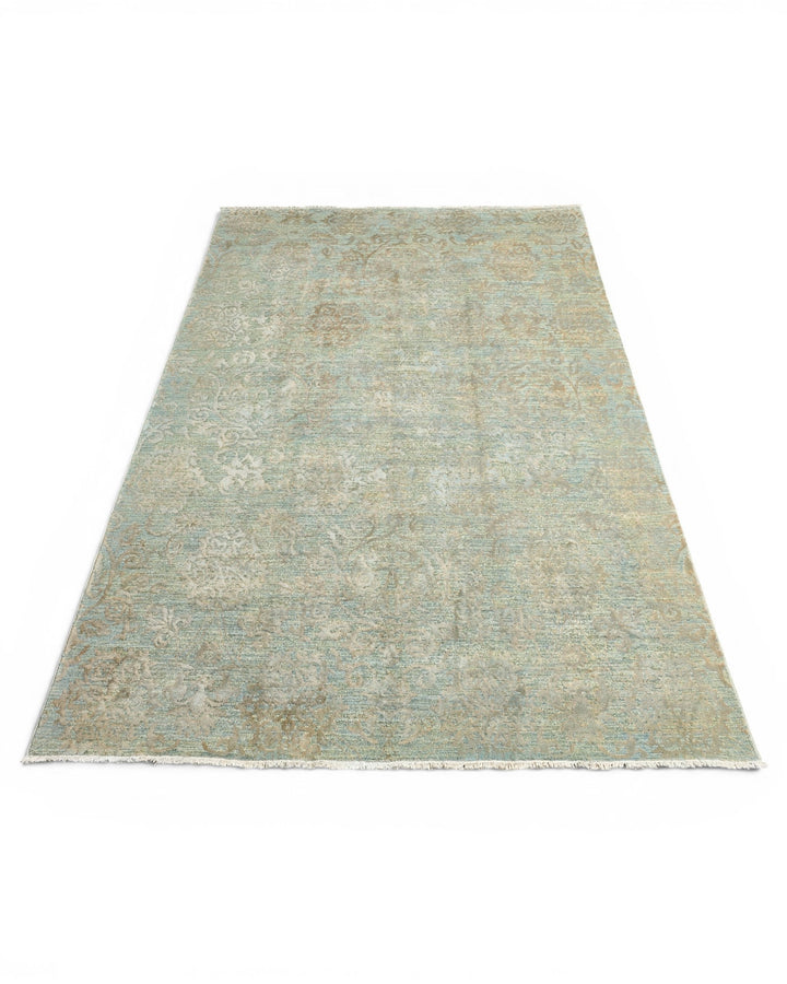 Sage Green Floral Ghazni, Hand-Knotted Afghan Wool &amp; Silk Rug