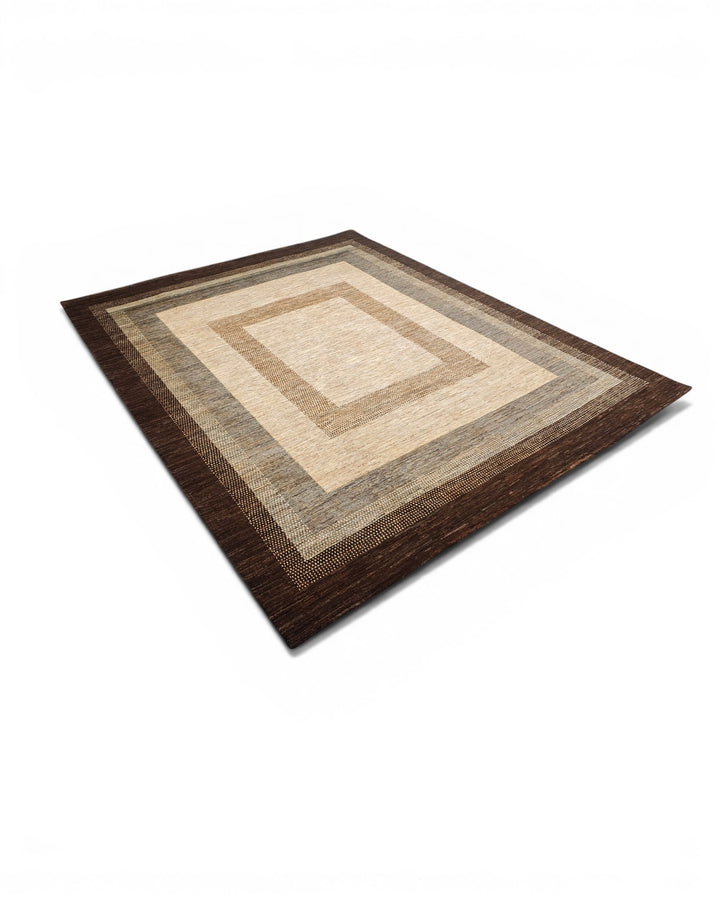 Cream &amp; Brown Graduated Border Ghazni, Hand-Knotted Afghan Wool Rug