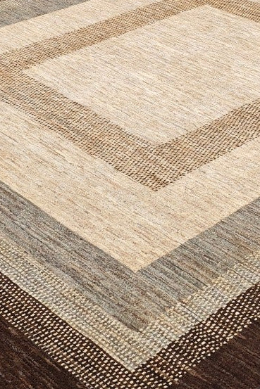 Cream &amp; Brown Graduated Border Ghazni, Hand-Knotted Afghan Wool Rug