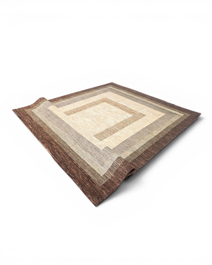 Cream &amp; Brown Graduated Border Ghazni, Hand-Knotted Afghan Wool Rug