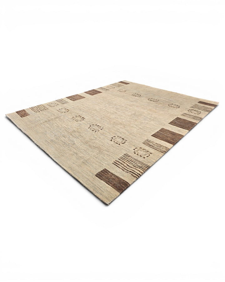 Natural Beige Tribal-Border Ghazni, Hand-Knotted Afghan Wool Rug