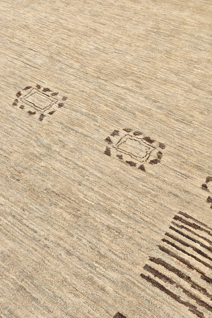Natural Beige Tribal-Border Ghazni, Hand-Knotted Afghan Wool Rug