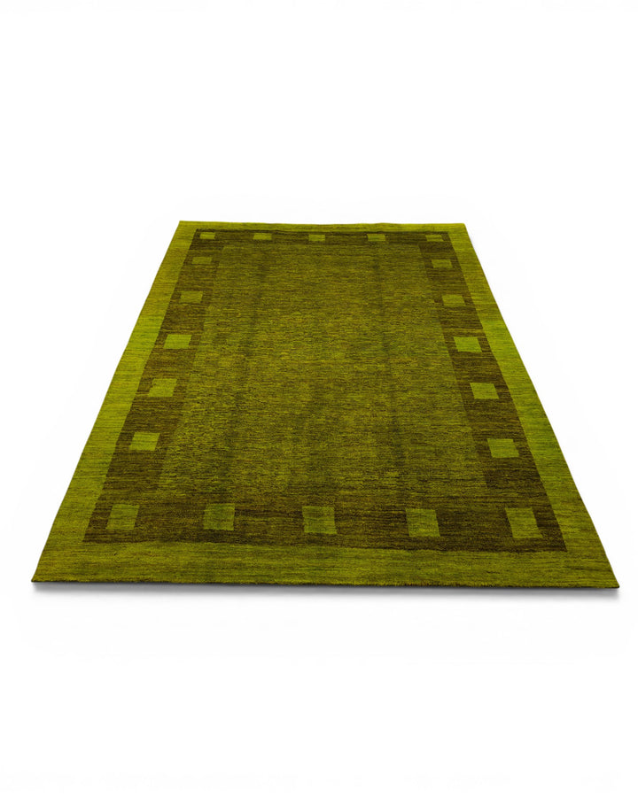 Olive Green Block-Border Ghazni, Hand-Knotted Afghan Wool Rug