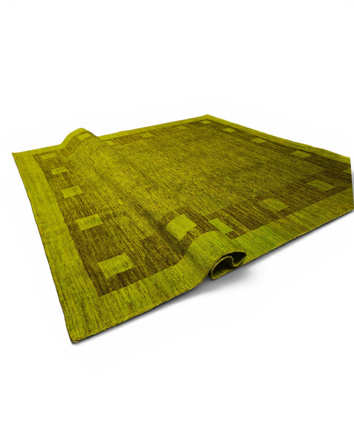 Olive Green Block-Border Ghazni, Hand-Knotted Afghan Wool Rug