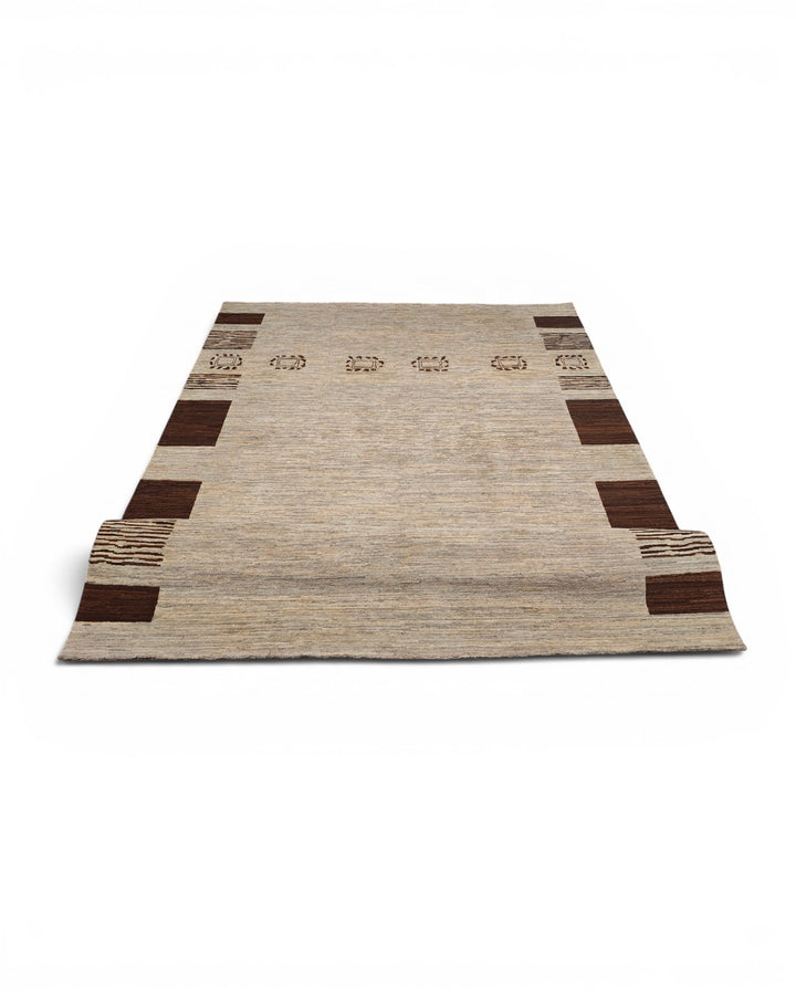 Greige Tribal-Border Ghazni, Hand-Knotted Afghan Wool Rug