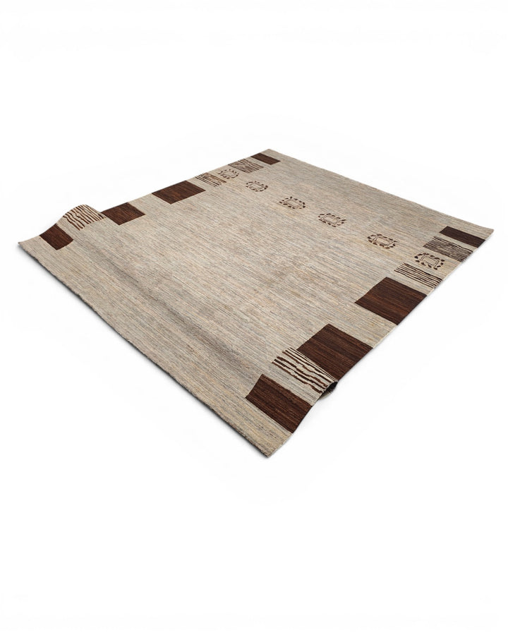 Greige Tribal-Border Ghazni, Hand-Knotted Afghan Wool Rug