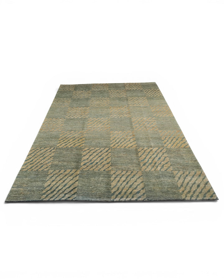 Sage Green Checkerboard Ghazni, Hand-Knotted Afghan Wool Rug