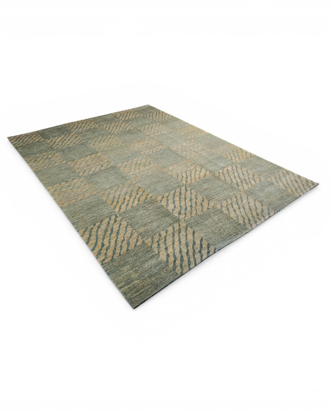 Sage Green Checkerboard Ghazni, Hand-Knotted Afghan Wool Rug