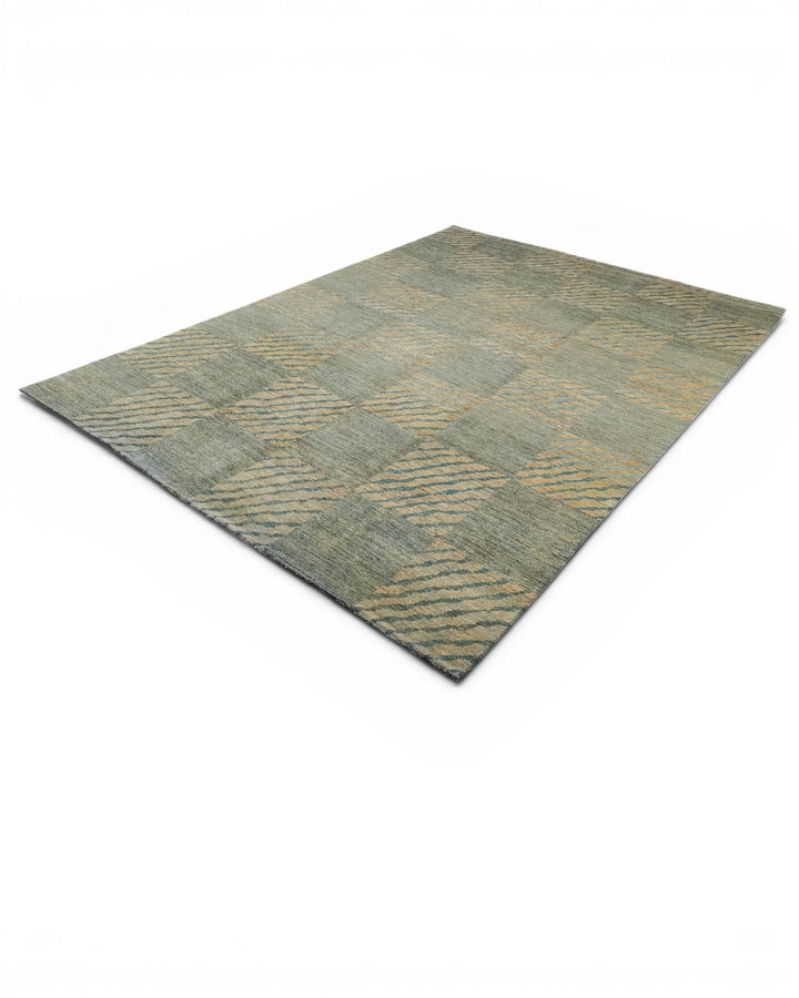 Sage Green Checkerboard Ghazni, Hand-Knotted Afghan Wool Rug
