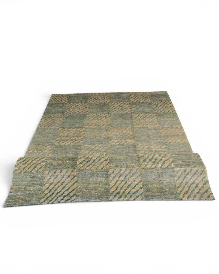 Sage Green Checkerboard Ghazni, Hand-Knotted Afghan Wool Rug
