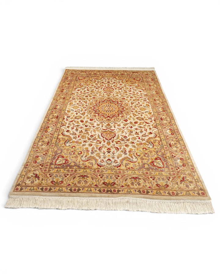 Ivory Medallion Tabriz, Hand-Knotted Pakistani Silk Rug