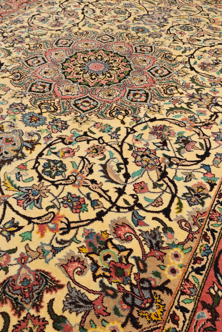 Close-up of a intricately designed rug with floral patterns