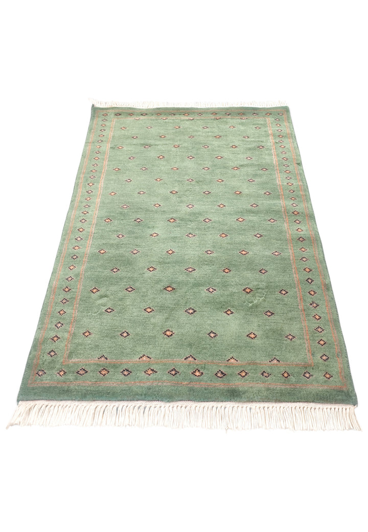 Sage Green and Brown Dot-Grid, Hand-Knotted Wool Rug