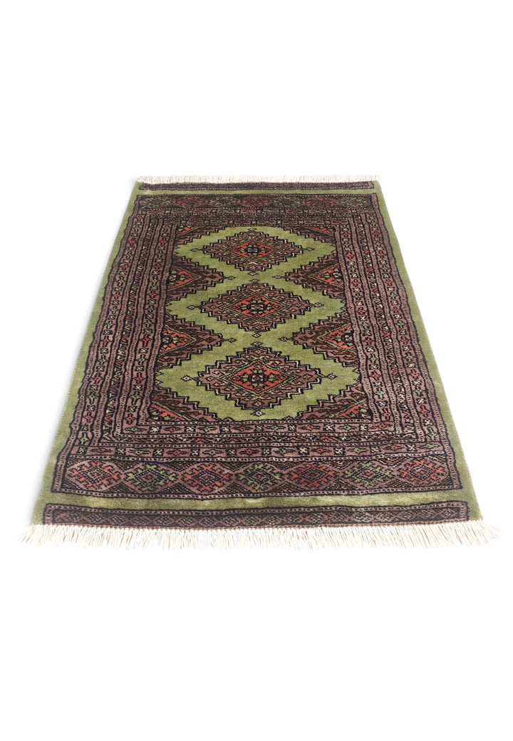 Olive and Mauve Jaldar Stepped Medallion, Hand-Knotted Wool Rug