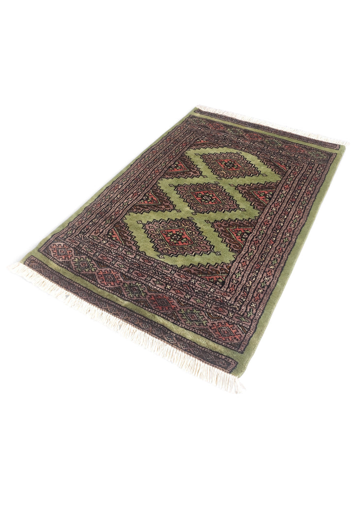 Olive and Mauve Jaldar Stepped Medallion, Hand-Knotted Wool Rug