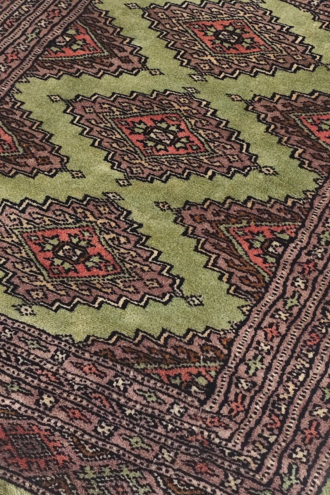 Olive and Mauve Jaldar Stepped Medallion, Hand-Knotted Wool Rug