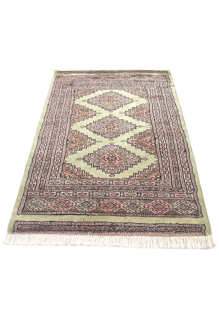 Olive and Mauve Jaldar Stepped Medallion, Hand-Knotted Wool Rug