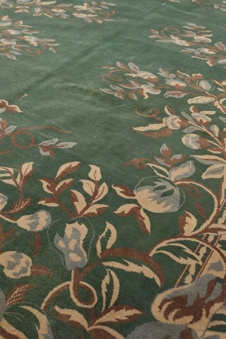 Green and Camel Gol Farang Floral, Hand-Knotted Wool Rug