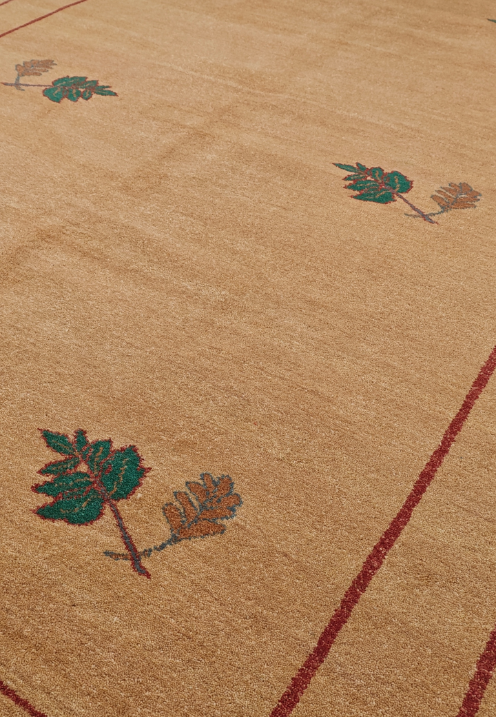 Camel and Green Floral Sprig, Hand-Knotted Wool Rug